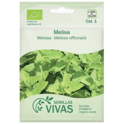 Pacote branco de sementes SEMILLAS VIVAS com foto de folhas verdes de melissa