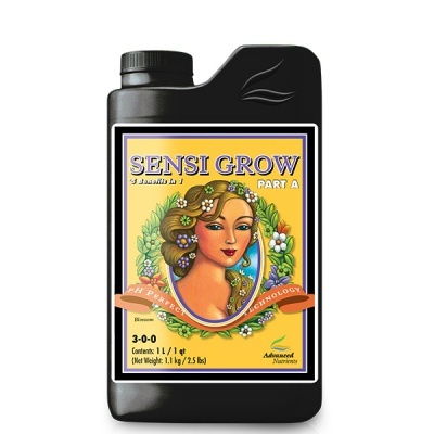 Frasco preto com rótulo amarelo de produto SENSI GROW PART A com imagem de mulher e flores