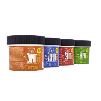 Frascos de Zerum com tampas pretas em várias cores de embalagem