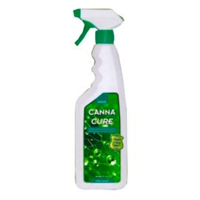 Frasco de spray branco com tampa e acionador verdes, rótulo verde com texto CANNA CURE