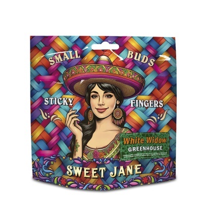 Embalagem colorida com mulher de chapéu mexicano e texto promocional.