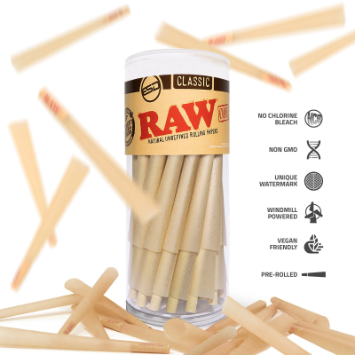 Frasco de papéis RAW Classic pré-enrolados com ícones de características ao lado