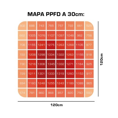 Mapa de PPFD colorido em gradientes com valores numéricos