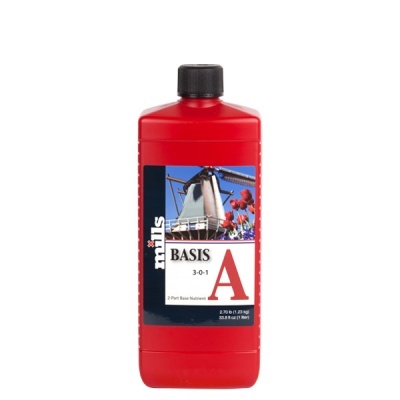 Frasco vermelho de 1 litro de Nutriente Base 2-Part BASIS A com imagem de moinho de vento