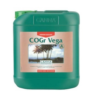 Recipiente verde com rótulo COGr Vega e imagem de palmeiras