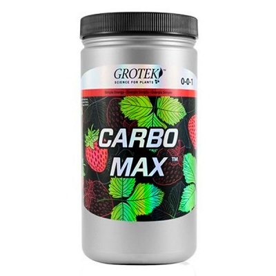 Frasco plástico cinzento CARBO MAX com folhas verdes e morangos na etiqueta