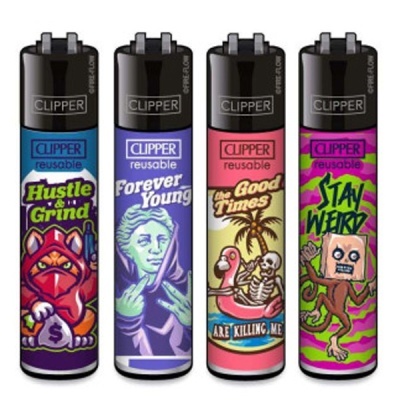 Quatro isqueiros CLIPPER reutilizáveis com desenhos coloridos e textos variados