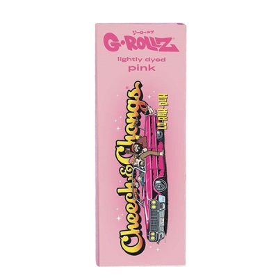 Embalagem rosa do produto G-ROLLZ com ilustração de carro cor-de-rosa e texto decorativo