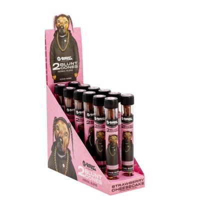 Expositor rosa com tubos pretos de blunt cones G-ROLLZ com imagem de cão