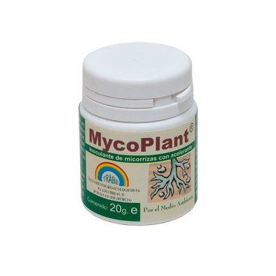 Embalagem branca de plástico do produto MycoPlant com rótulo verde e bege.