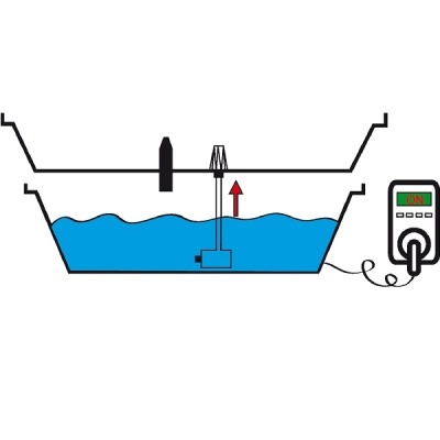 Esquema de recipiente com líquido azul, sensor, seta vermelha e medidor digital ligado