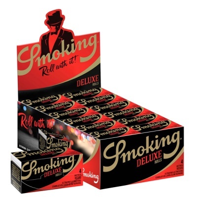 Caixa expositora e embalagem de papel de enrolar Smoking Deluxe Rolls preto e vermelho