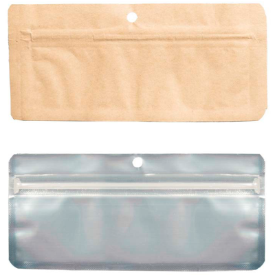 Duas embalagens tipo saco com fecho zip em papel castanho e plástico prateado