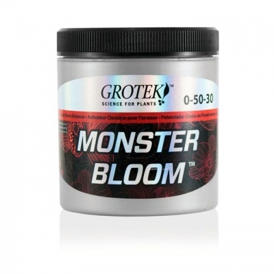 Frasco de produto Grotek Monster Bloom com tampa preta e rótulo preto e vermelho.