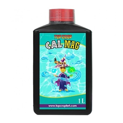 Frasco preto 1 litro fertilizante TOP CROP CAL MAG com etiqueta azul e personagem mago