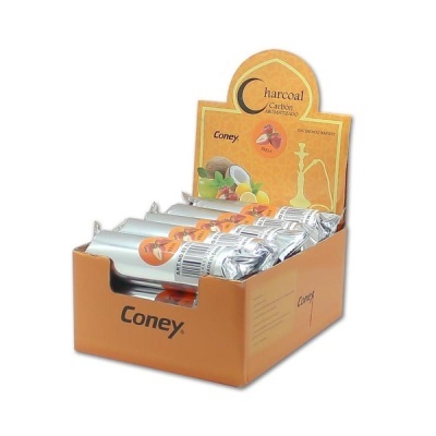 Embalagem de carvão aromatizado Coney com sacos prateados e rótulo amarelo com imagens de frutos.