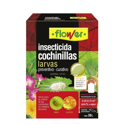 Embalagem de insecticida Flower para cochonilhas e larvas com texto em espanhol e imagens de planta e cochonilha