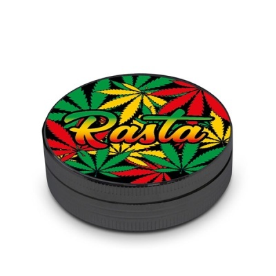 Recipiente preto redondo com tampa colorida com folhas e texto Rasta