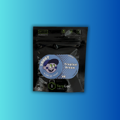Pacote preto de produto 'Tropical Dream' com selo TerpLoc e indicação de humidade
