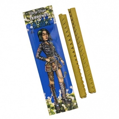 Embalagem azul Hemp Wraps terpenos Strawberry Shortcake e dois charutos de folhas marrons.