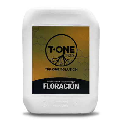 Recipiente plástico branco com etiqueta amarela e preta de solução nutritiva para plantas