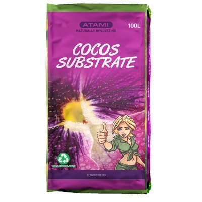 Saco roxo e verde de substrato Atami Cocos Substrate 100L com flor roxa e desenho de mulher loira