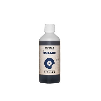 Garrafa preta com rótulo bege e tampa branca, produto BIOBIZZ FISH-MIX