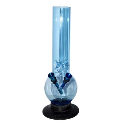 Bong de vidro azul translúcido com base preta e dois bicos metalizados azuis
