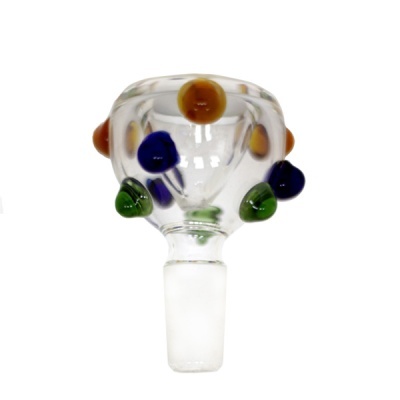 Peça de vidro transparente com contas coloridas em azul, verde e laranja