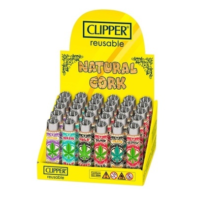 Expositor de isqueiros CLIPPER reutilizáveis com design colorido e folhas verdes