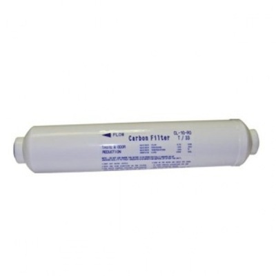 Filtro de carbono cilíndrico branco com texto azul para purificação de água