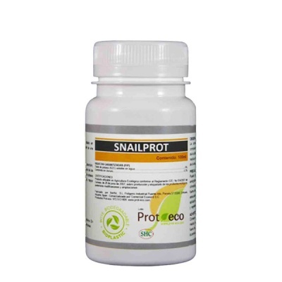 Frasco de plástico branco do produto SNAILPROT com rótulo detalhado e selo biodegradável