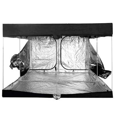 Tenda de cultivo interior retangular preta com interior prateado e janelas