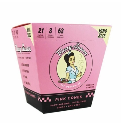 Caixa rosa de cones Blazy Susan com texto e imagem de mulher vintage
