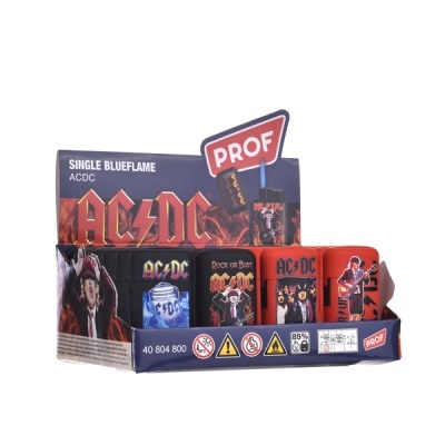 Expositor de isqueiros ACDC com imagens da banda em preto e vermelho