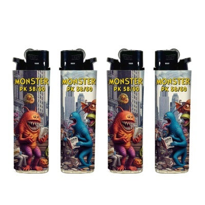 Quatro isqueiros com design de monstros e texto MONSTER PK 58/60