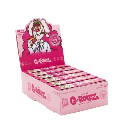 Expositor rosa com pacotes de papel para enrolar G-ROLLZ e ilustração de coelho cientista.