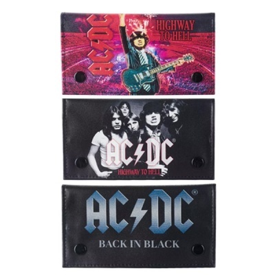 Três carteiras de couro sintético com logos e imagens da banda AC/DC
