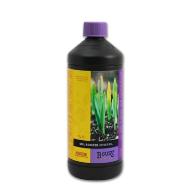 Frasco de fertilizante líquido Soil Booster Universal da Bcuzz com tampa roxa.