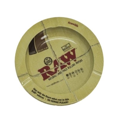 Cinzeiro RAW castanho claro redondo com texto e logotipo.