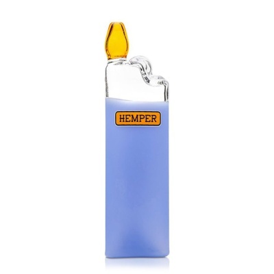 Isqueiro azul com etiqueta HEMPER e topo amarelo