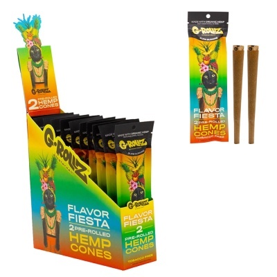 Embalagens de cones de cânhamo pré-enrolados G-Rollz Flavor Fiesta coloridas num expositor.
