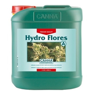 Recipiente verde de fertilizante Hydro Flores A da CANNA, com tampa vermelha e amarela e etiqueta azul clara