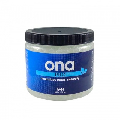 Frasco de gel ONA PRO para neutralizar odores com rótulo azul e tampa preta