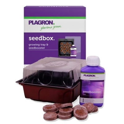 Conjunto de cultivo Plagron Seedbox com bandeja, tampa, pastilhas de turfa e seedbooster universal start.