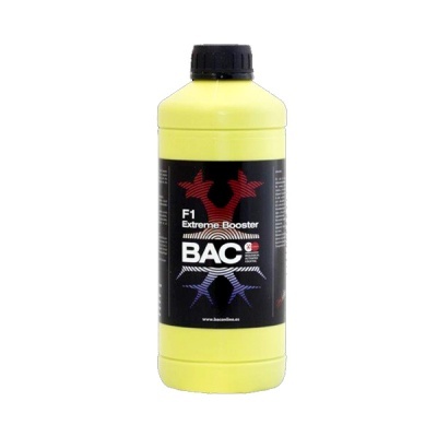 Frasco amarelo com tampa preta e rótulo preto e branco F1 Extreme Booster BAC