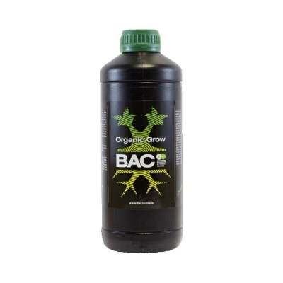 Garrafa preta com rótulo Organic Grow BAC para cultivo orgânico