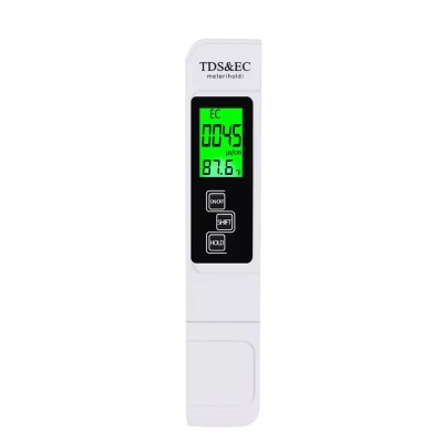 Medidor digital TDS&EC branco com ecrã verde e botões ON/OFF, SHIFT, HOLD.