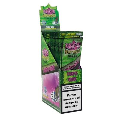 Expositor com Jays Hemp Wraps Enhanced Purple Wave em embalagens verdes e aviso de saúde em espanhol