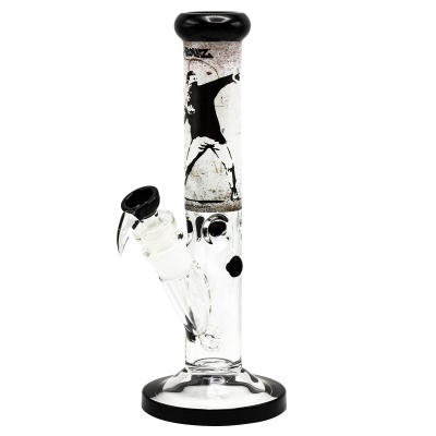 Bong de vidro transparente com imagem decorativa preto e branco e detalhes a preto